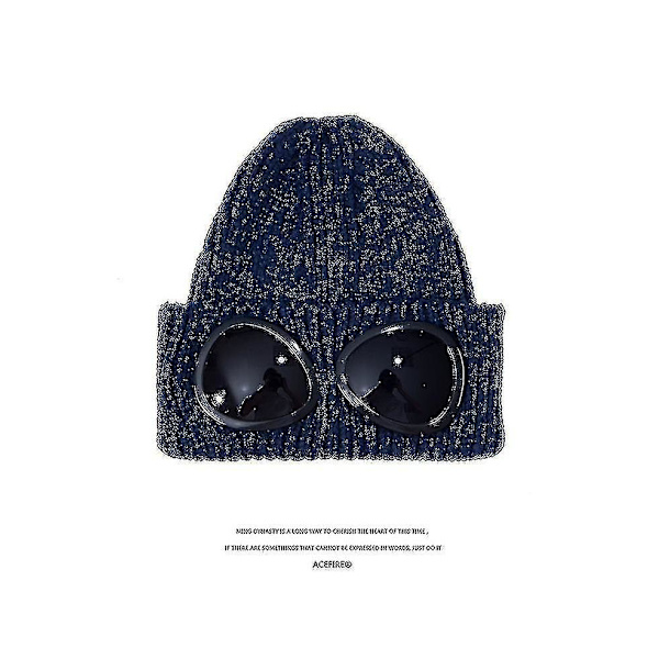 2022 016a BomullsStickad Lätt Goggle Beanie Hatt blue