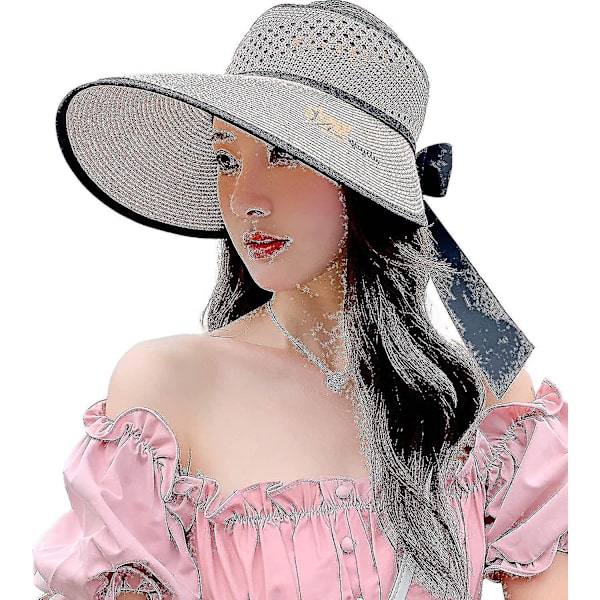 Sommarhatt för kvinnor med bred brätte, floppy resehatt, strandhatt i halm, UV-skydd