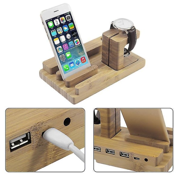 Bamboo Wood Charging Station 4USB Stand Phone Apple Watch