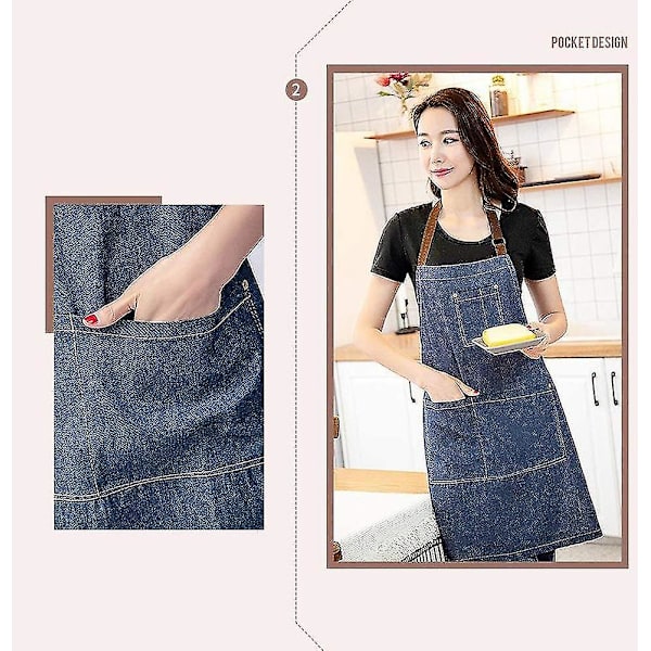 Förkläde i denim, unisex justerbart förkläde med 3 fickor