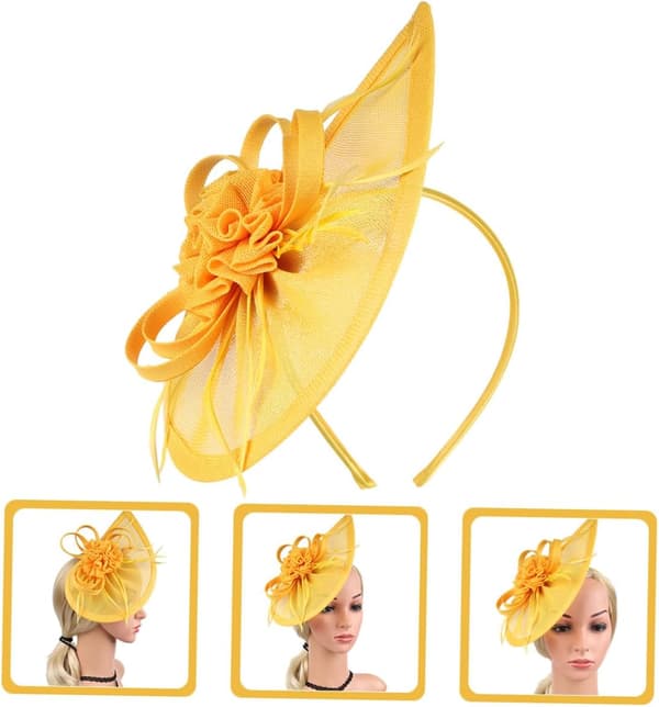 Mesh Brudehat Hårbånd Fascinator Clips til Kvinder Bryllup Teselskab Kirke Slør Tilbehør Gul