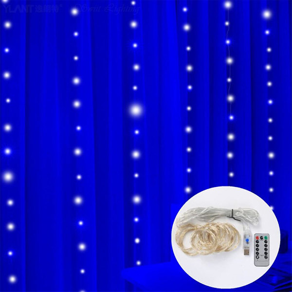 Gardinslynge med 200 LED Lys 3m X 2m Julelys Vandafvisende USB-drevet 8 Tilstande Fjernbetjening Lysstreng Til Soveværelse Vægge Vindue Terrasse Fest Jul Ind Blue