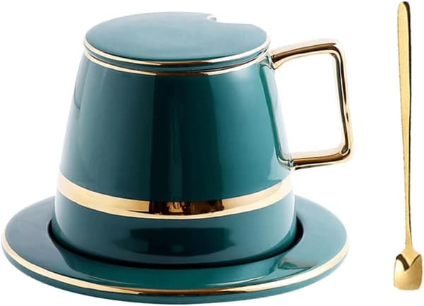 Keramisk kaffekop underkop sæt europæisk stil elegant grøn og gylden keramik