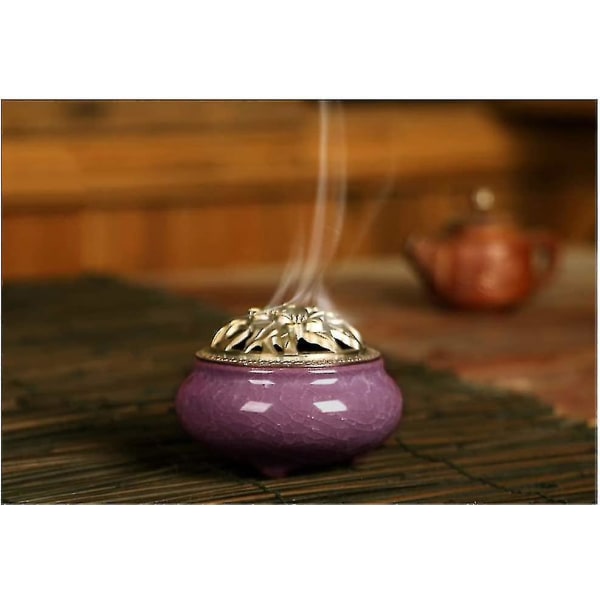 Keramisk røgelsebrænder, klassisk stil med messing Calabash røgelsesholder og metallåg (c)