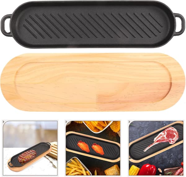 Støpejerns biffplate med serveringsbrett i tre, grillpanne med doble håndtak