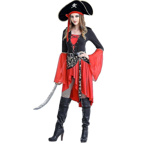 Pirate Caribbean Swashbuckler Buccaneer Dam Kostym Hatt+klänning+bälte Outfits Set L