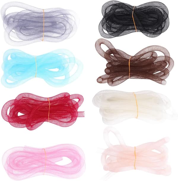 8 stk 8 mm nylonnettingsrørflettet snor for DIY hårsløyfetilbehør, hul elastisk garnnettsnor