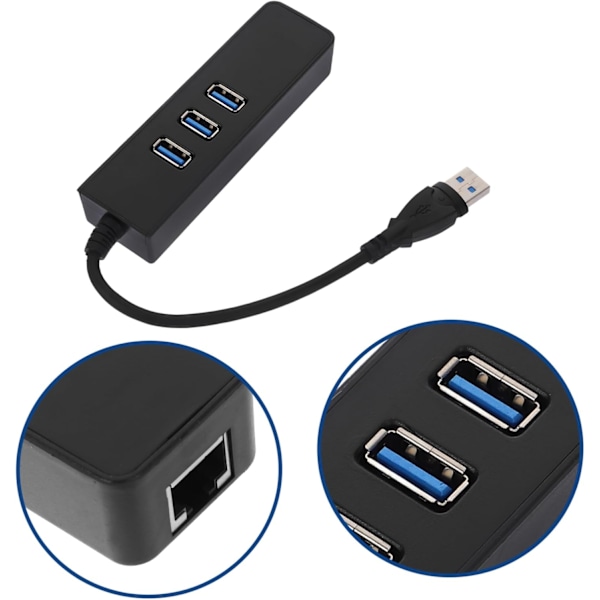 C Ethernet -sovitin Hubi 3-porttinen 3.0 Hubi 1000mbps Ethernetillä, helppokäyttöinen, musta