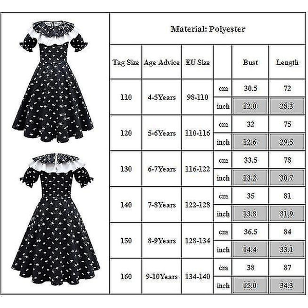 Keskiviikko Addams Vintage Painettu Goottilainen Swing Skater Roolipeli Hieno Asuste Lapsille 7-8 Years