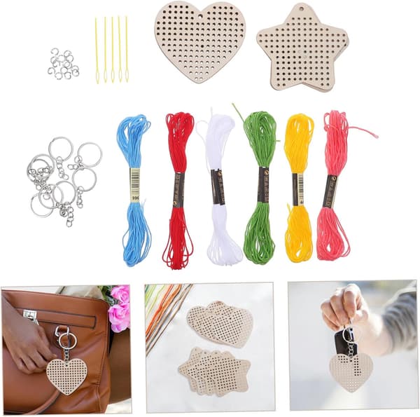 Træ korssting nøglering sæt hjerte- og stjerneformer DIY broderi ornamenter