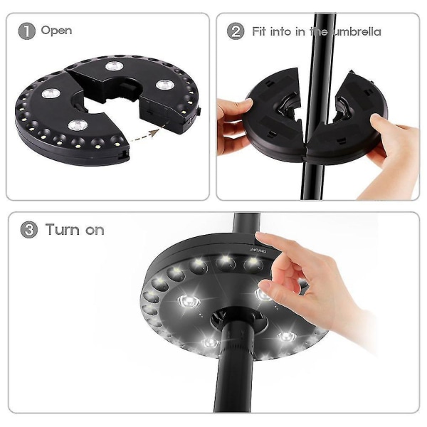 Sladdlösa 28 LED-parasolljus med 3 nivåer av dimning, parasoll LED-lampa, parasollstång, uteplats, tältbelysning, rent vitt ljus, campinghängande lampa, 1 st, svart