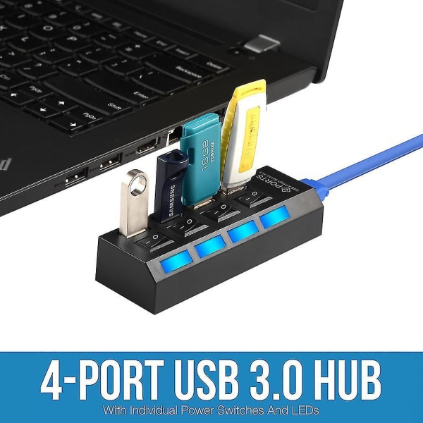 Kdq1 USB 3.0 Hub 4 portar 5gbps Pc Laptop On/Off Switch Svart