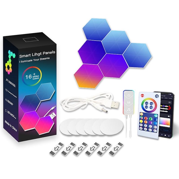 RGB Bluetooth LED Hexagon Lys Indendørs Væghængt Lampe App Fjernbetjening Natlys Computer Spilrum Soveværelse Sengelampe Dekoration (6 Pakker)
