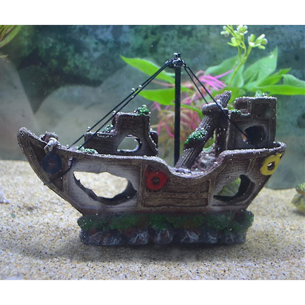 Akvariumdekorasjoner, 21 cm lang piratskip i kunstig polyresin