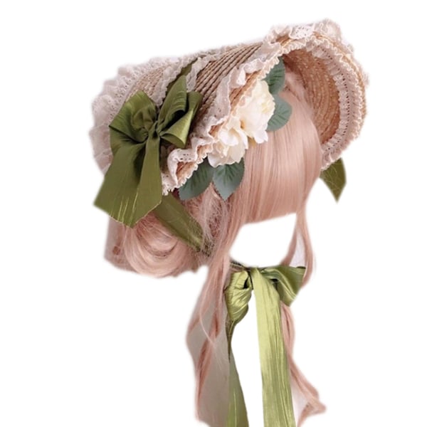 Flerfarget Fransk Bonnet Hat Solhatt Straw Hat Lolita Hat For Kvinner Jenter Green