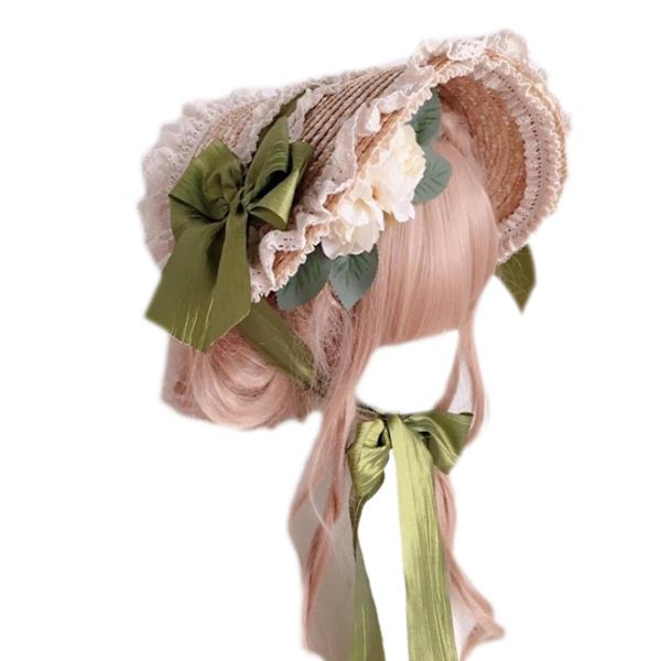 Monivärinen ranskalainen Bonnet-hattu Auringonsuojahuttu Olkihattu Lolita-hattu Naisille ja Tytöille Green