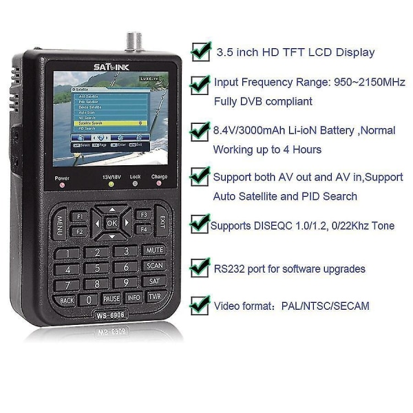 3,5 tommers LCD Satlink WS 6906 Satellittmåler Finder DVB-S