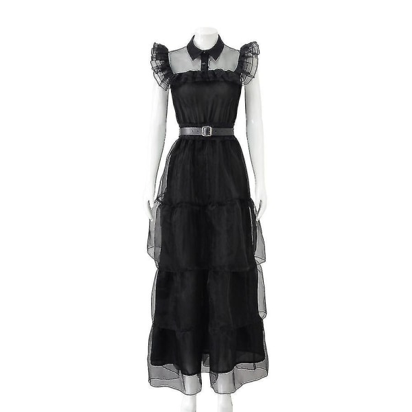 Wednesday Addams Kostume Sæt - Gotisk Mesh Kjole til Kvinder XL Without Wig