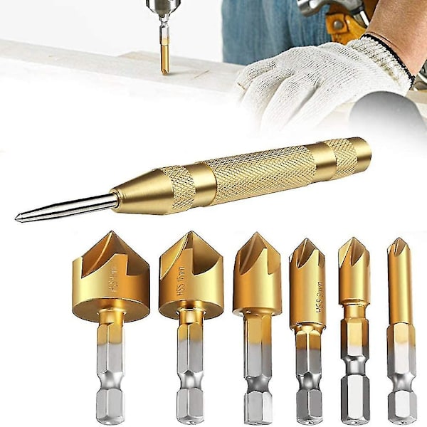 6-pack HSS 5-kantiga skaftfräsar med 5\" automatisk centrumslag och avgratningsverktyg