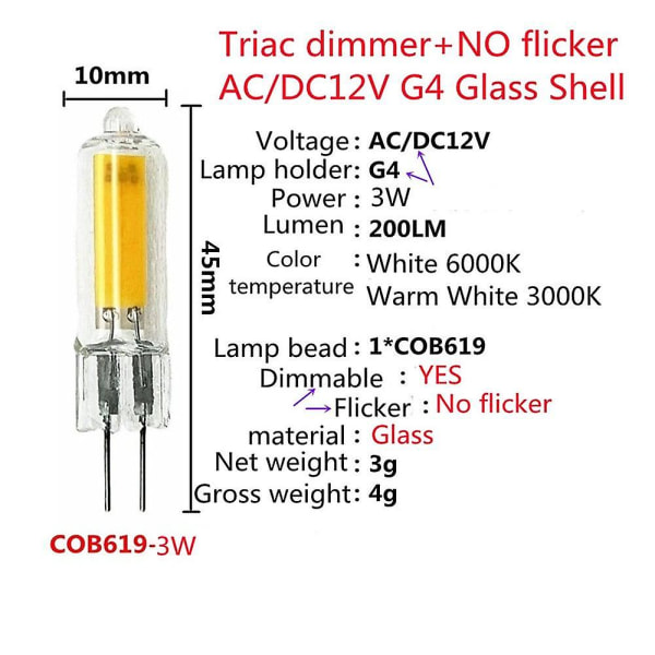 10 kpl himmennettävät, vilkkumattomat lasiset LED G4 COB-lamput 3W AC/DC12V