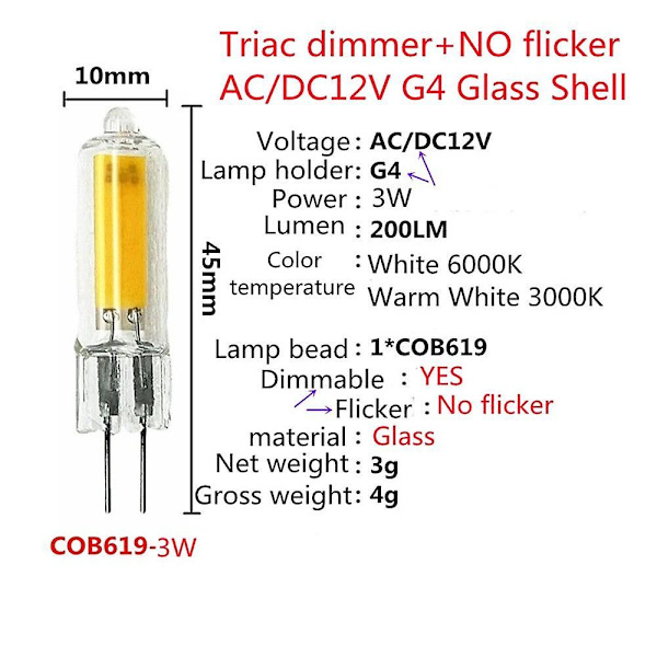 10 st Dimbara LED G4 COB Glödlampor 3W Kristalllampa