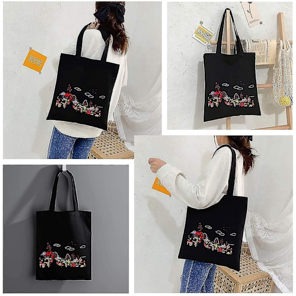 Sort Canvas Tote Taske Broderi Sæt Med Mønster
