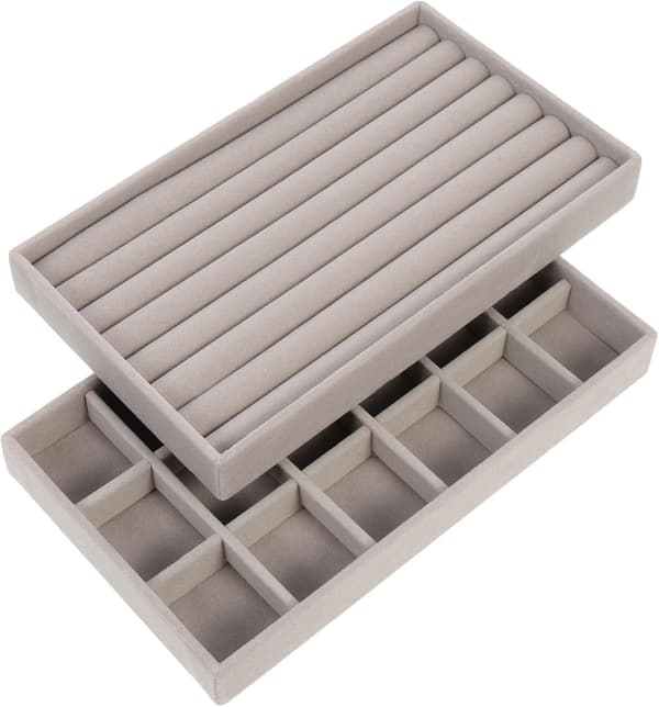2-delat smyckesdisplaybrickset med 18-facks grå sammetsörhängesförvaringsorganisatör