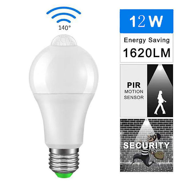 2-pack E27 Glödlampa 12W LED-lampa PIR Infraröd Rörelsesensor Automatisk Energibesparande Lampa Dekorativ Glödlampa Nattlampa (3500K)