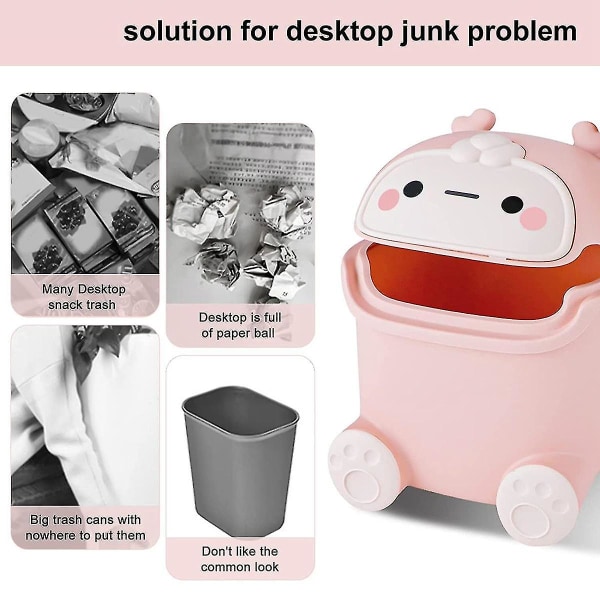 Mini søppelbøtte med lokk, søte flip desktop søppeldunker, plast dyreformede søppelbøtte (rosa)