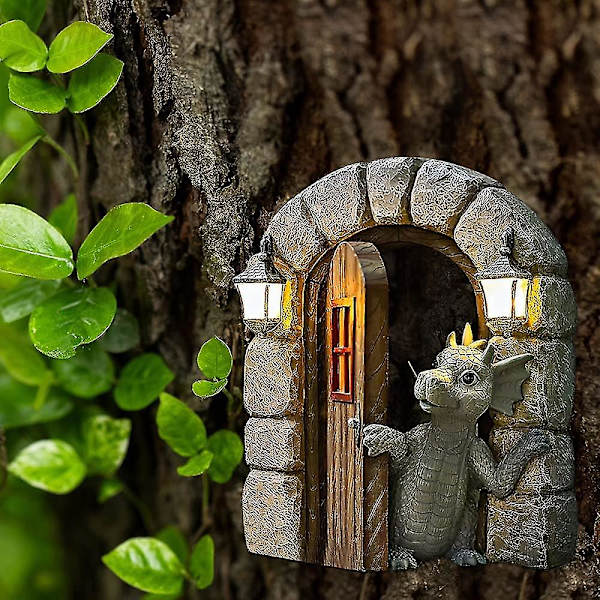 Havefigur af Dinosaur til Haven, Vandfast Harpiks Fee-Dør Statue Ornament