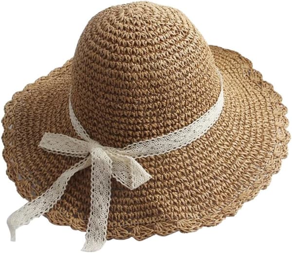 Lys kaffe blonde sløjfe strå strandhat til kvinder, foldbar solbeskyttelse bredskygget hat