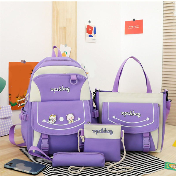 4-pack Cartoon Nylon Skolväska Reseväska Axelväska Pennfodral Purple