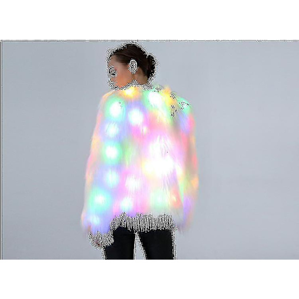 LED Pelsjakke for Kvinner Regnbue Glitrende Lysjakke Hvit Pels Rave Kostyme L-hyj