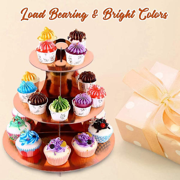 2-pack Roséguld Papp Cupcakesställ 3-våningar Dessertställ Runda Cupcakeshållare Torn