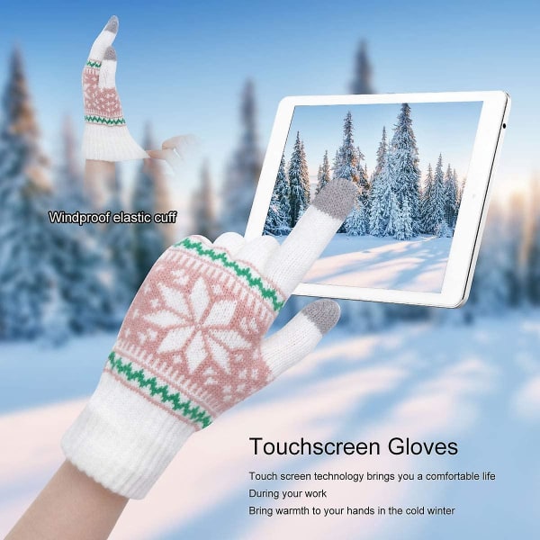 Vinterhandskar för kvinnor, stickade, pekskärm, snöblommönster, varma, unisex