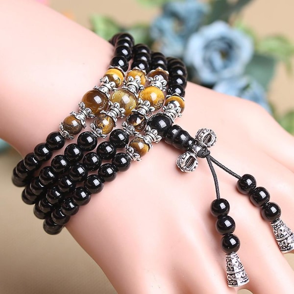 Smycken, 6 mm Obsidian 108 Buddhist Prayer Mara Beads Tiger Eye Gemstone Armband Halsband