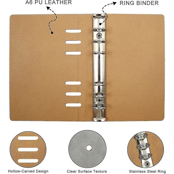 A6 Pu läder anteckningsbok pärm, 6 ring budgetplanerare pärm cover