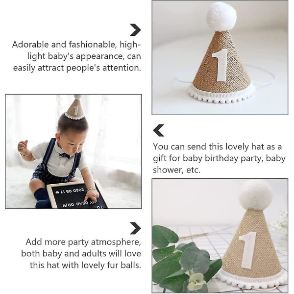 1. syntymäpäiväkartiohattu: 1. syntymäpäivähattu, juhlahattu, pellavainen syntymäpäiväpäällinen, syntymäpäiväjuhlatarvikkeet