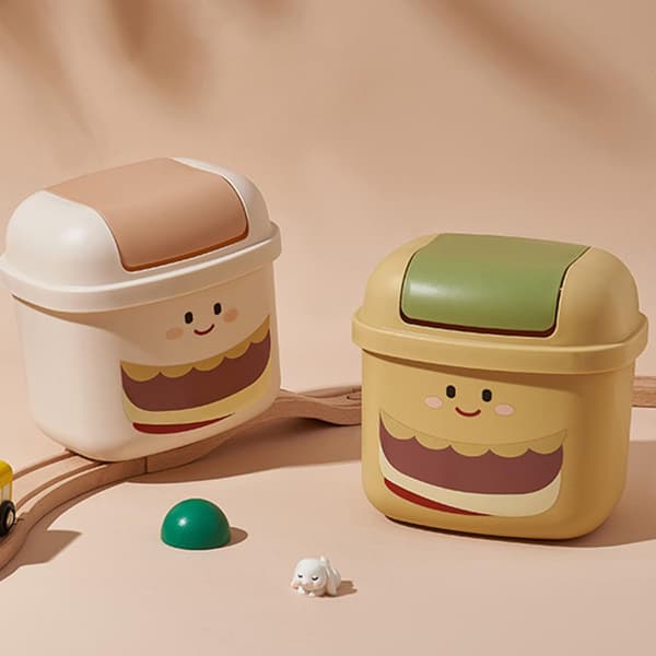 Mini søppelbøtte skrivebord søppelbøtte plassbesparende multifunksjonell plast søt hamburgerstil