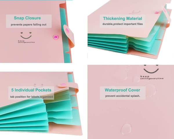 Plastfickor med dragkedja, dragspeldokumentmapp, 5 fickor, A4-format, med tryckknapp