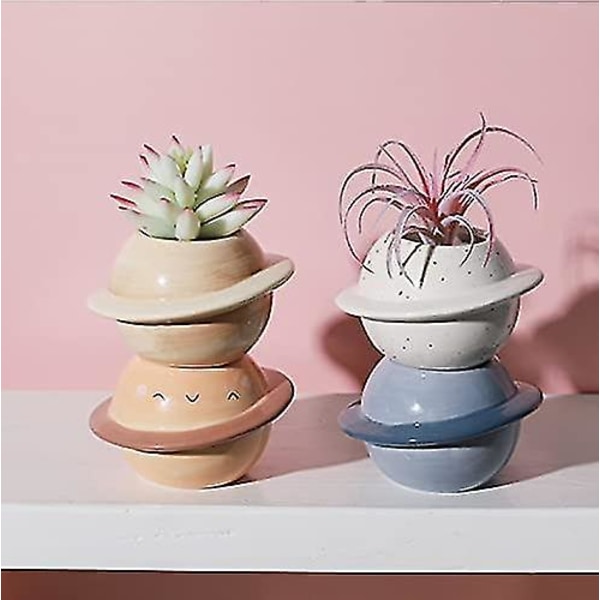 Sett med 2 keramiske blomsterpotter - For sukkulenter - Kreativ - Mini Planet - Dekorativ blomst