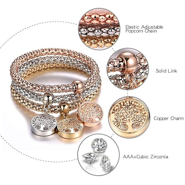 Krystal Charms Multilayer Armbånd - 3 stk. Guld/sølv/rosenguld Kornkæde Gave