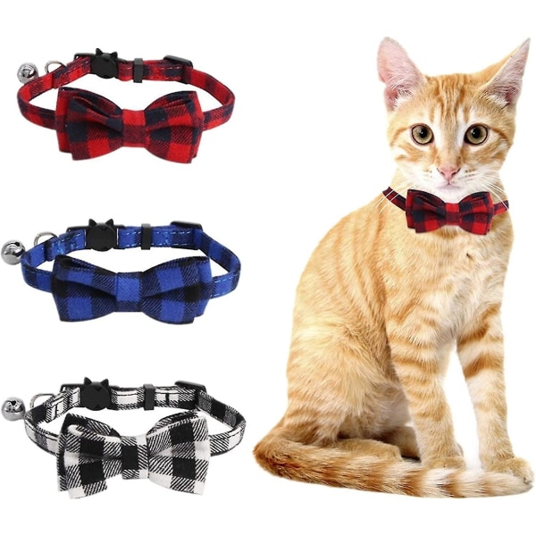 3 stk kattehalsbånd, klokkehalsbånd og sløjfe med sikkerhedsspænde, justerbare halsbånd til killing og katte