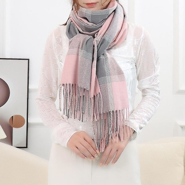 Rutete pledd-sjal for kvinner, damemote vintervarm lang sjekket sjal og wraps Pink
