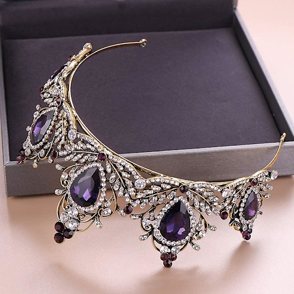 Luksuriøs Lilla Krystallkrone Barokk Krone Rhinestone Tiara og Krone Brudkrone