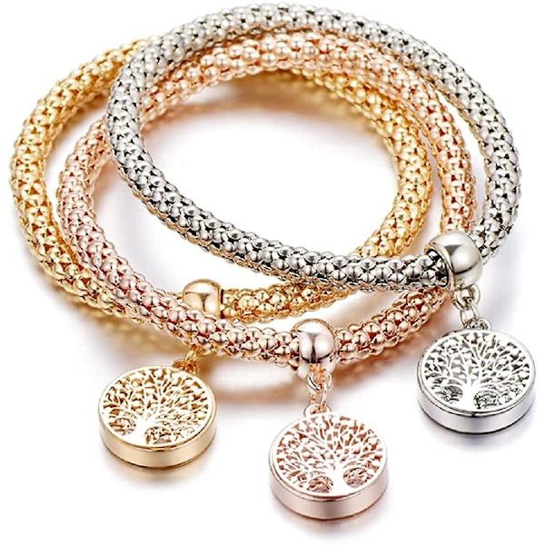 Krystal Charms Multilayer Armbånd - 3 stk. Guld/sølv/rosenguld Kornkæde Gave