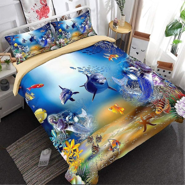Marint Liv Täcke Överdrag Under Vatten Världen Delfin Sjöjungfru Sängkläder Set Med Blixtlås Stängning För Barn Barn Dubbel Täcke Överdrag Set 200x200cm