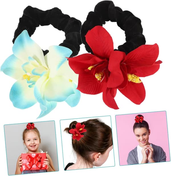 Dekorative Blomsterhårstrikker for kvinner 2 stk Elastiske Gummibånd Tykt Hår Orkidé Blomster Scrunchies