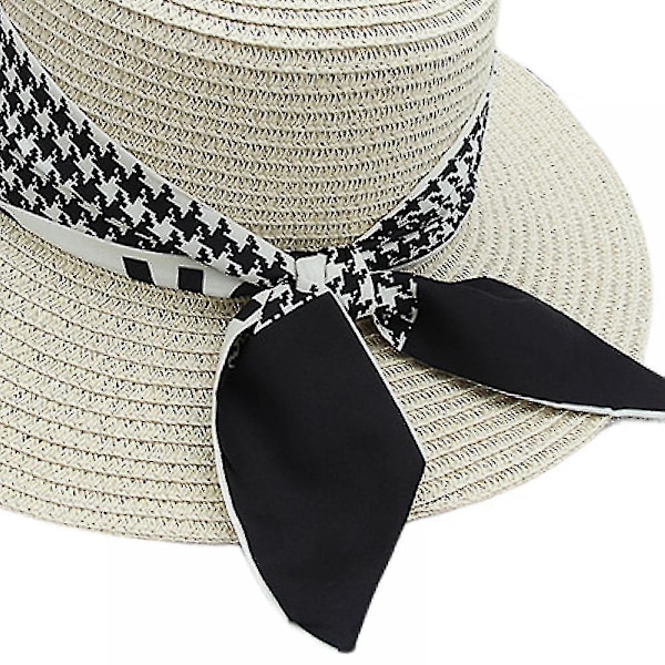Høyt Halmhatt for Kvinner Sommer Strand Bredbremmet UV-Beskyttelse Hatter Med Hakestropp Reise Foldbar UPF 50