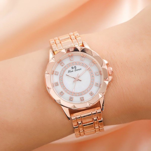 Trendig Stål Klocka Enkel Dam Temperament Guld Klocka Rund Urtavla Full Diamant Kvarts Klocka Rose gold